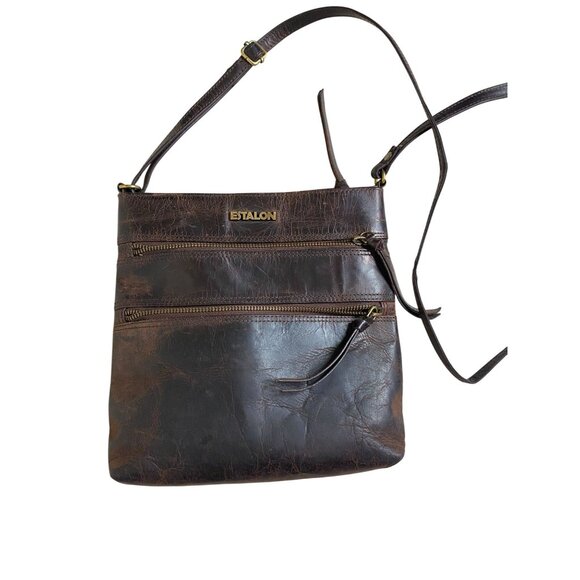 Estalon Brown Leather Crossbody Bag Zip Adjustable Strap OS 9"X 9" Boho Rustic - Picture 1 of 16